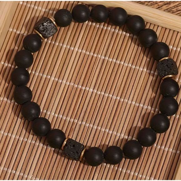 Round Square Diffuser Genuine Lava Stone Silver Men's Stretch Bead Bracelet - Picture 4 of 4